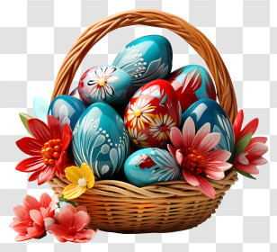 Easter Egg - Painted Easter Eggs Basket With Flowers Transparent PNG