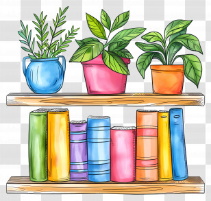 Shelf Furniture - Colorful Books And Green Plants On Shelves Transparent PNG