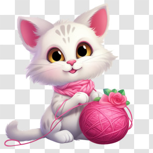 Cat Playing Yarn Ball - Cute White Cartoon Kitten With Pink Yarn Transparent PNG