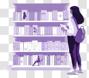 Bookstore - Purple Bookshelf With A Reader Transparent PNG