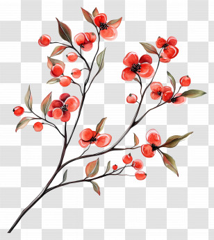 Pomegranate Watercolor - Branch Illustration With Red Berries And Flowers Transparent PNG
