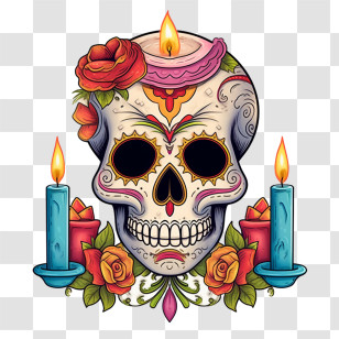Sugar Skull - Day Of The Dead Skull With Candle And Flowers Transparent PNG