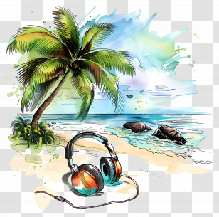 Beach Tunes - Beach Scene With Palm Trees And Headphones Transparent PNG