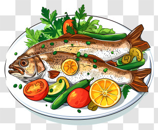 Vector Draw Design - Delicious Fish Dish With Vegetables Transparent PNG
