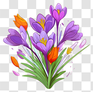 Bouquet - Mixed Purple And Orange Crocus Flowers Transparent PNG