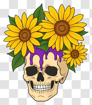 Halloween Skull Flowers - Artistic Skull With Sunflowers Transparent PNG