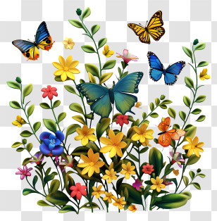Butterflies - Colorful Butterflies Among Blooming Flowers Transparent PNG