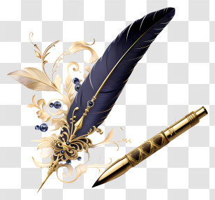 Gold Plated Quill Pen - Elegant Feather And Golden Pen Transparent PNG