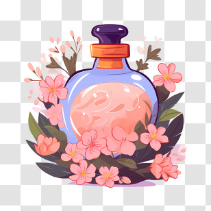 Perfume Bottle - Perfume Bottle With Pink Floral Surrounding Transparent PNG
