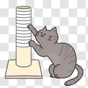 Cartoon - Cute Grey Cat With Scratching Post Illustration Transparent PNG