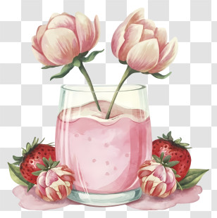 Strawberry Drink - Floral And Strawberry Smoothie Illustration Transparent PNG