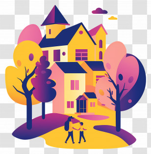 Building - Colorful House And Trees Transparent PNG