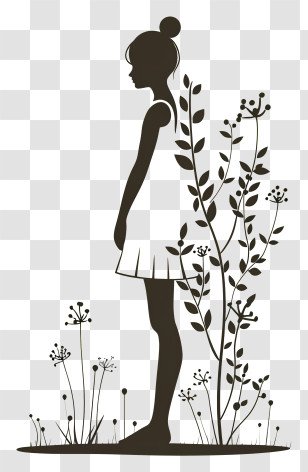 Girl Silhouette - Black Silhouette Of Woman With Botanical Elements Transparent PNG