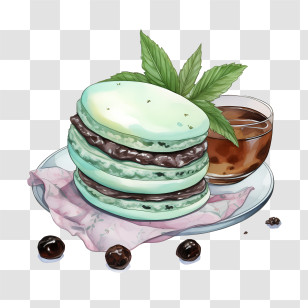 Macaroon Day - Mint Macarons With Tea And Mint Leaves Transparent PNG