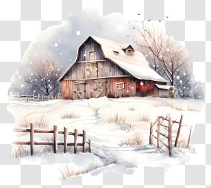 Watercolor Painting - Snowy Winter Barn In A Rural Landscape Transparent PNG
