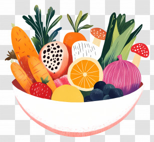 Vegetables And Fruits - Illustration Of A Bowl Filled With Colorful Fruits And Vegetables Transparent PNG