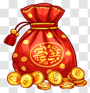Money Bag - Red Bag With Gold Coins And Drawstring Transparent PNG