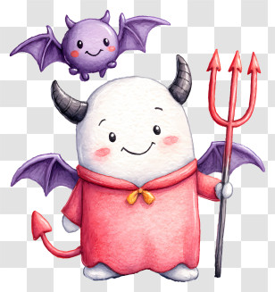 Watercolor Devil Holding Pitchfork - Cute Devil Character With Bat Transparent PNG