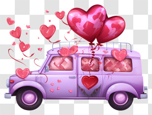 Valentine Vehicle - Purple Car With Heart Balloons Illustration Transparent PNG