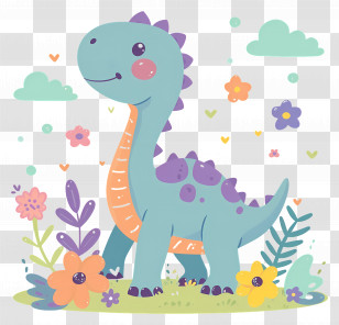 Cartoon Dinosaur - Adorable Cartoon Dinosaur In A Flower-filled Scenery Transparent PNG