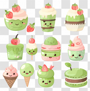 Matcha Dessert - Cute Cartoon Dessert Illustrations With Sweet Smiles Transparent PNG