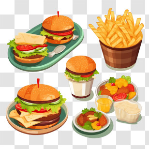 Hamburger - Artistic Fast Food Combo With Burgers And Fries Transparent PNG