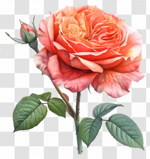 Juliet Rose - Orange-Pink Rose With Leaves And Stem Transparent PNG