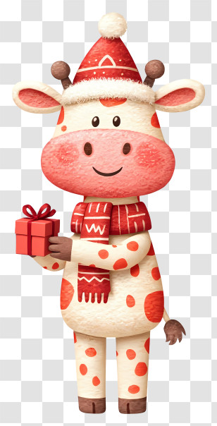 Giraffe Holding Christmas Gift Box - Cute Cow Holding Gift Transparent PNG
