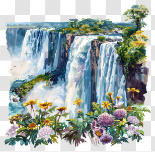 Victoria Falls - Waterfall And Wildflower Artwork Transparent PNG