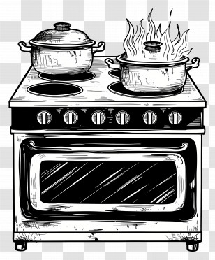 Stove And Oven - Vintage Kitchen Stove Illustration With Pots Transparent PNG