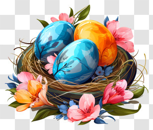 Easter Egg - Decorative Easter Eggs In A Nest With Flowers Transparent PNG