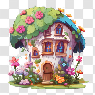 Fairy House - Cute Mushroom House With Floral Roof Transparent PNG
