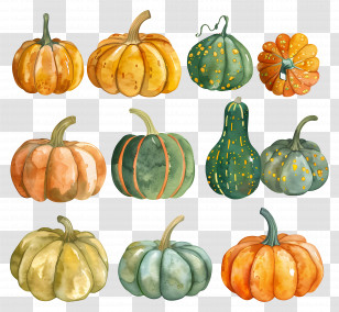 Pumpkins - Assorted Watercolor Pumpkins And Gourds Transparent PNG