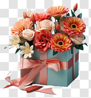 Gift Box - Gift Box With Colorful Flowers And Ribbon Transparent PNG