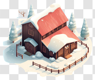 Wooden House - Snowy Red-Roof House In Winter Landscape Transparent PNG
