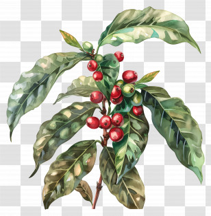 Watercolor Coffee Plant - Coffee Plant Branch With Red Beans Transparent PNG