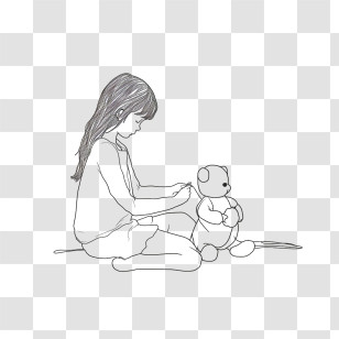 Girl - Sketch Of Girl Sewing A Teddy Bear Transparent PNG