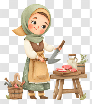 Muslim Woman Cutting Meat - Rustic Woman Cutting Meat Illustration Transparent PNG