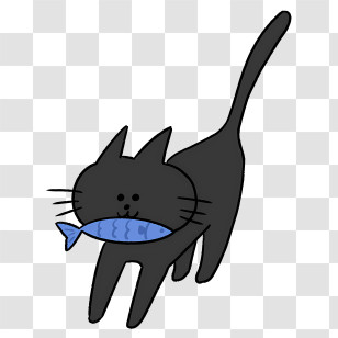 Cartoon - Black Cat Carrying A Fish In Whimsical Illustration Transparent PNG