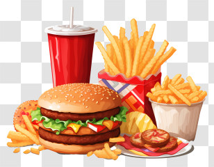 Fast Food - Delicious Burger Meal With Fries And Soda Transparent PNG