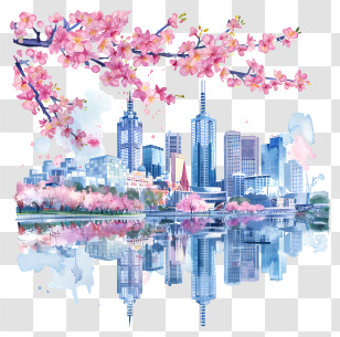 Melbourne City Skyline - Watercolor Cityscape With Cherry Blossoms Transparent PNG