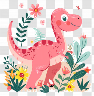 Cartoon Dinosaur - Cute Dinosaur Illustration With Flowers Transparent PNG