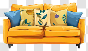 Sofa - Yellow Sofa With Decorative Pillows Transparent PNG
