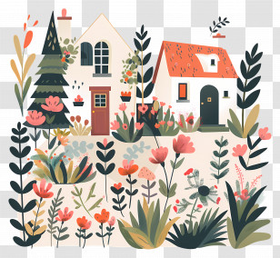 Cottage Garden - Doodle House Surrounded By Beautiful Flowers Transparent PNG