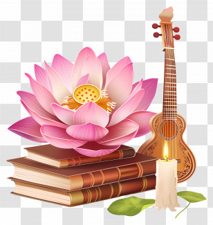 Saraswathi Puja - Lotus Flower With Books And Candle Transparent PNG
