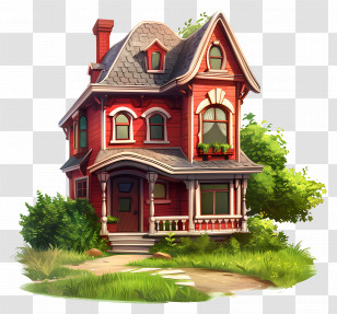 Lawn House - Beautiful Red Victorian House With Garden Transparent PNG