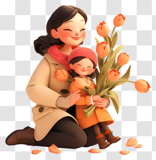 Mother Day - Mother And Child With Tulips Transparent PNG