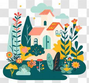 Garden - Cartoon House With A Colorful Garden Transparent PNG