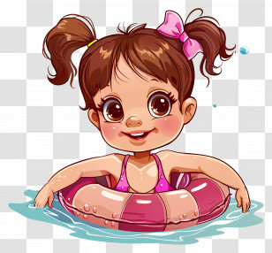 Swimming Suit - Little Girl Playing In A Pool With A Pink Float Transparent PNG