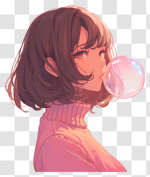 Anime Girl Blowing Bubble Gum - Girl With Bubble Gum In Turtleneck Transparent PNG